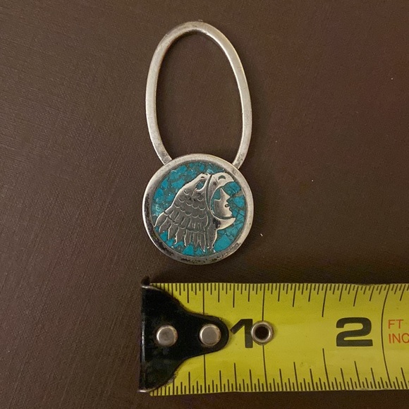 Vintage crushed turquoise inlay tribal key ring Mexico Taxco 925 - Picture 9 of 13
